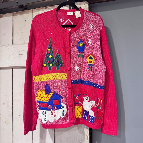 VIntage Bobbie Brooks Button Up Cardigan Ugly Christmas Sweater Womens L (12/14) - Picture 1 of 7